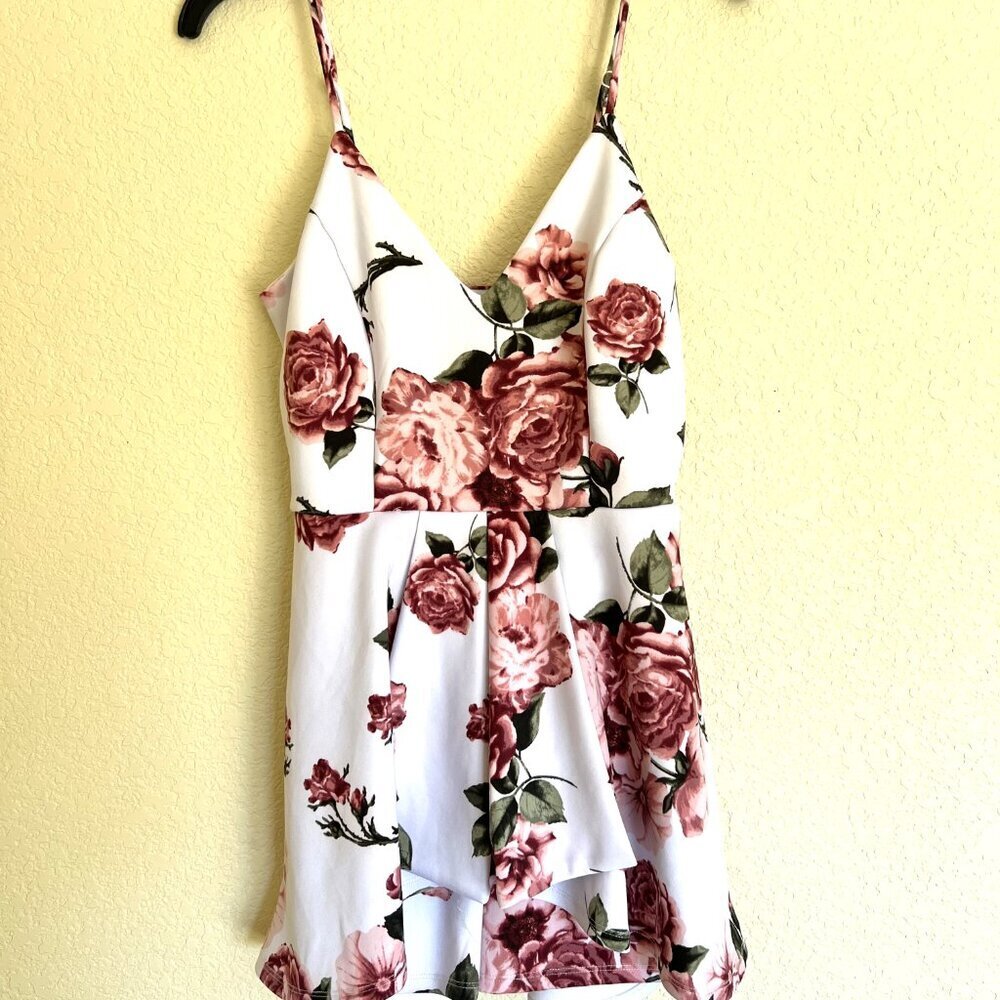 PURPLE SNOW WOMENS ROMPER WHITE FLORAL WATERFALL SKIRT WITH SHORTS SIZE …